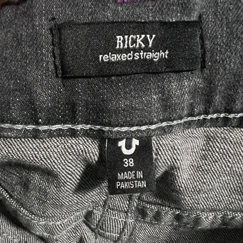 True Religion Ricky Relaxed Straight Jeans Men 38x34 Gray Distressed Flap Pocket